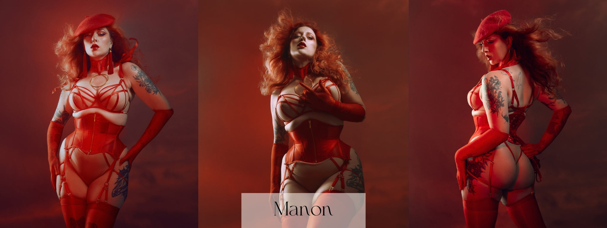 Images of our Manon waspie in red, modelled by Josefien Hoekstra