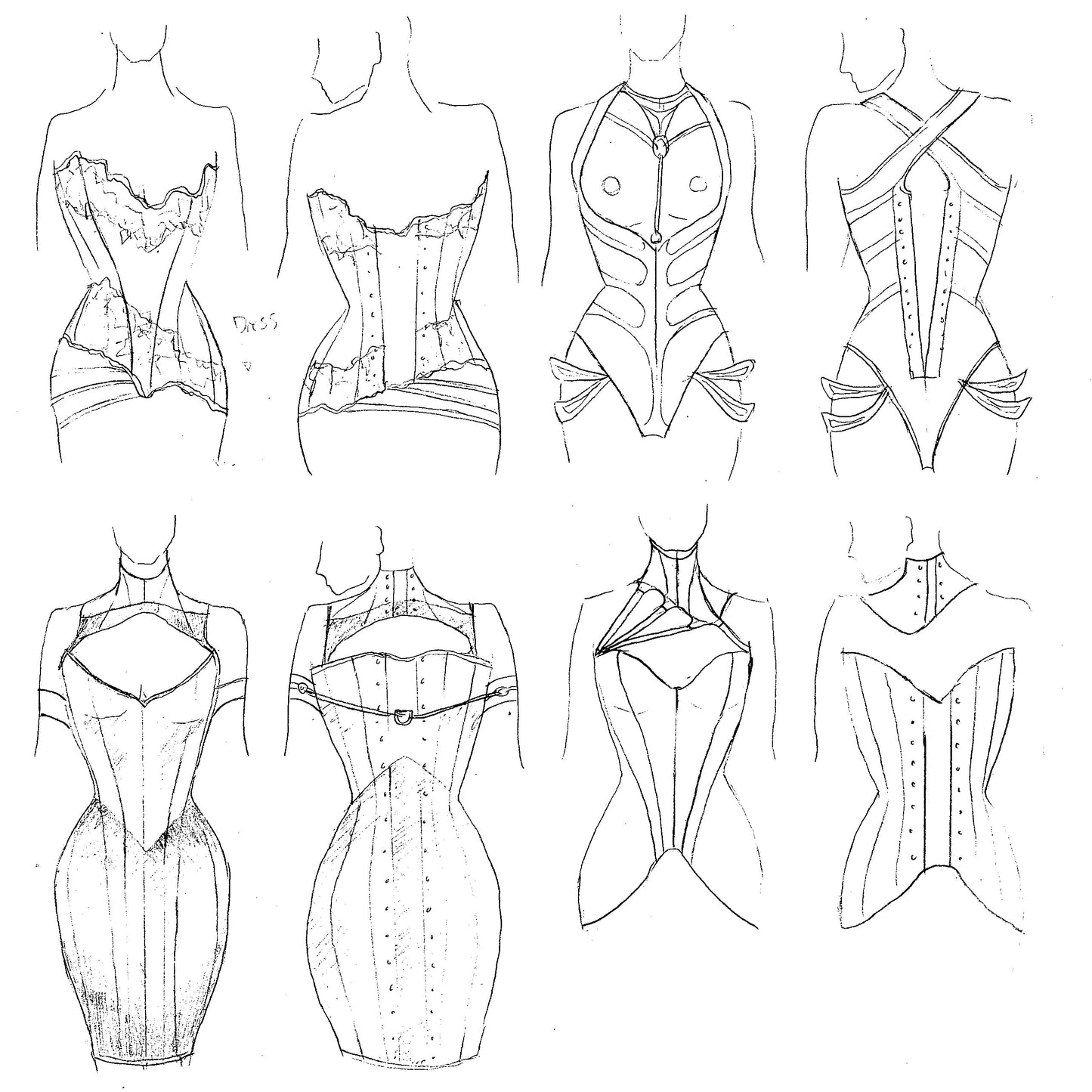 A series of sketches of corset designs