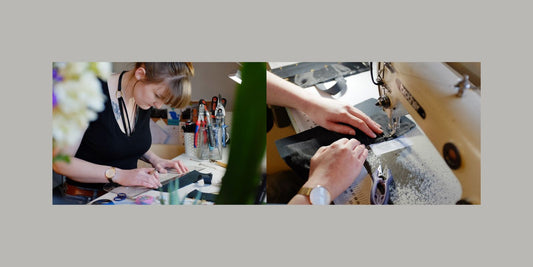 Montage of a corsetiere working in her studio
