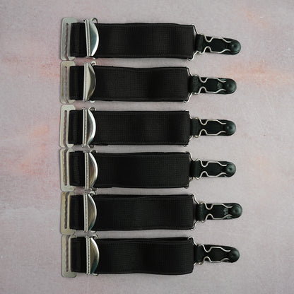 A set of 6 extra wide black suspenders with hooks